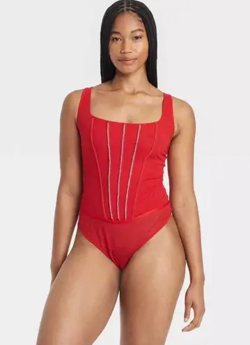 Auren Auden Red Women's Rhinestone Lingerie Bodysuit