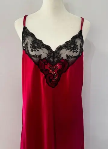 Vanity Fair Vintage  Long Nightgown Red Lace Shiny Satin USA Slip Gown Size large