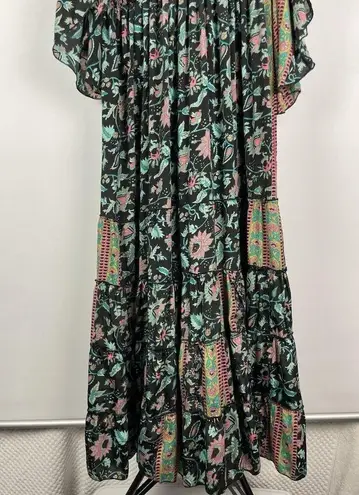 Karma Highway Black Teal Paisley Butterfly Short Sleeve Tiered Maxi Dress OS Size undefined