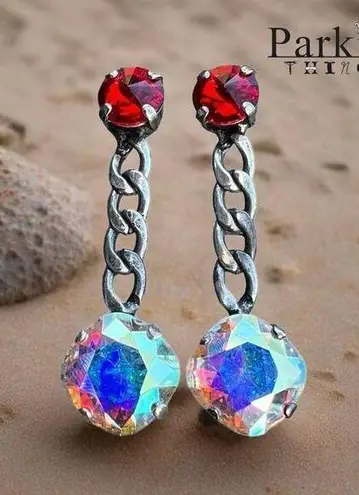 Handcrafted Earrings With Sparkly Red and AB Swarovski Crystals on a Chain Silver