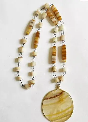 Vintage 1980's Sun Cord Pendant Necklace Honey Quartz Stone Natural Laid Back