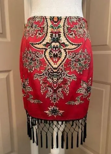 Linda Segal for Creative Image Associates vintage red print fringed skirt Size 6