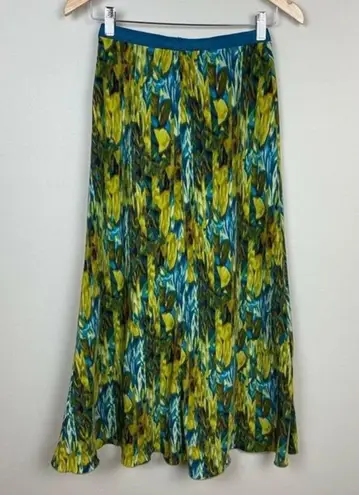 Nic+Zoe Maxi Skirt XS A-Line Drape Pleat Green Abstract Front Slit Stretch Waist