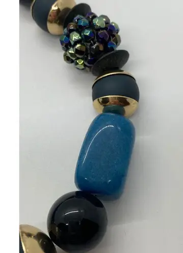 Coldwater Creek Necklace Black Graduated Bead Blue Gold Tone Rhinestones 36"