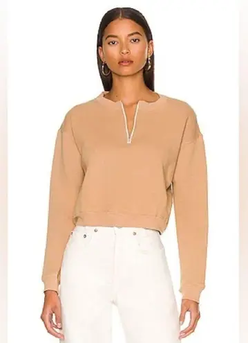 MONROW Tan Cropped Crewneck Sweatshirt Pullover Half Zip Boxy Casual Size XL New