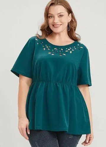 Bloomchic  Dark Green Round Neck Laser Cut Ruffles T-Shirt 22 24 3X NWT