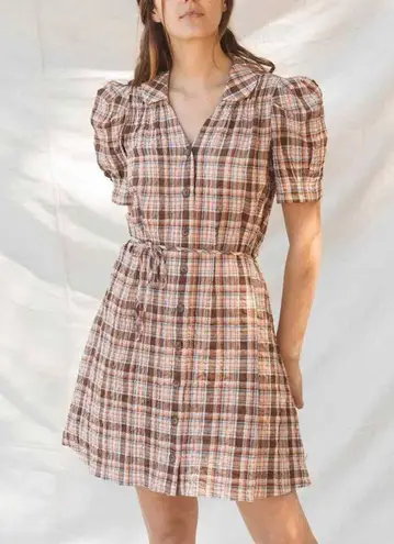 Christy Dawn Alyssa Seersucker Cottagecore Mini Dress Redwood Plaid Large