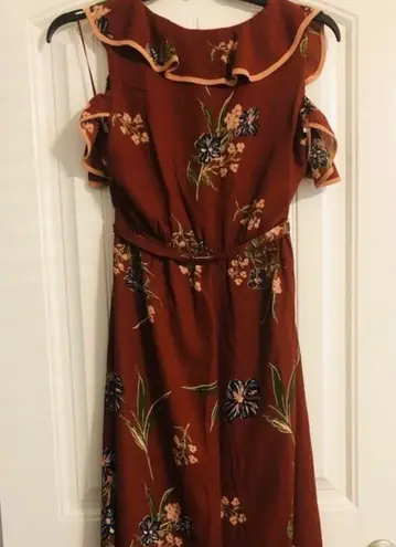 June and Hudson Dress Cold-Shoulder Wrap Bark Floral Maroon Brown Size M New w/Tag