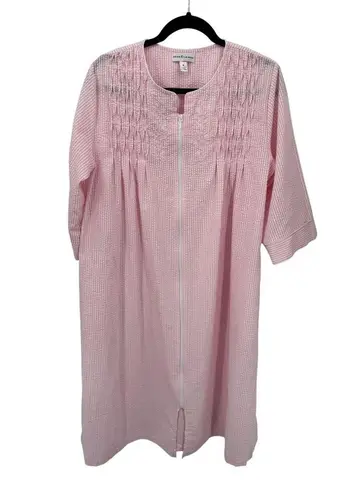 Miss Elaine Full Zip Robe Womens M Pink White Seersucker Cotton Blend VTG Pink Size M