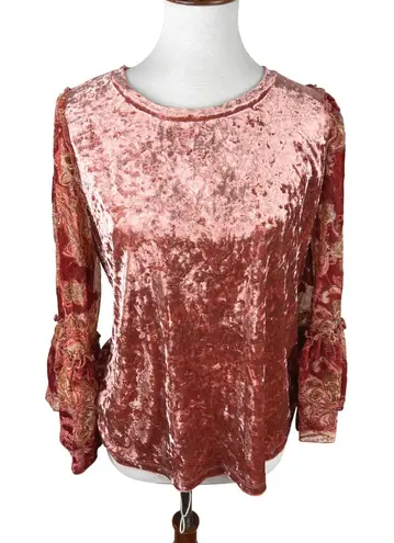 Velvet Paisley Print Bell Sleeve Top Blush Pink Women's Size M Y2K Romantic Boho Size M