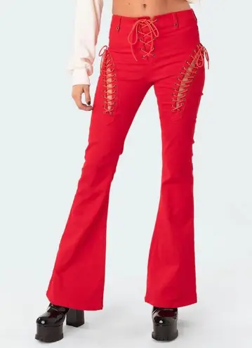 Dolls Kill  Edikted Red Lace Up Wide Leg Jeans Medium