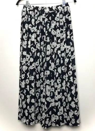 Vintage Russ Pleated Maxi Skirt Black White Floral Print Size 8