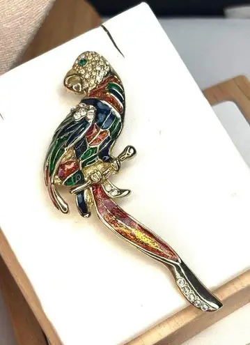Vintage Gold Tone Parrot Brooch With Rhinestones & Colorful Enamel 3" Long