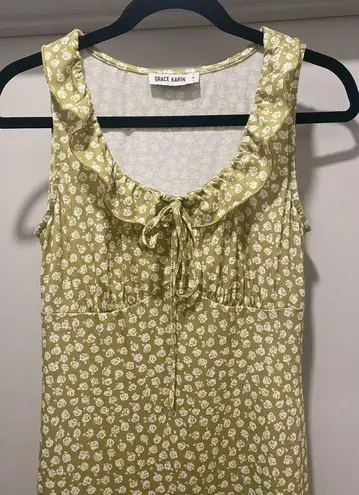 Grace Karin Lime Green & White Floral Print Fitted Midi Dress - S