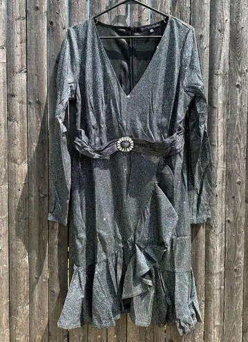 Symphony Shimmer Belted Asymmetrical Flare Hem V-neck Dress Black/Silver Size 2X