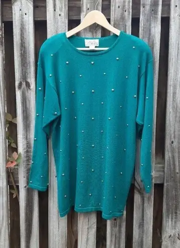 Vintage Casual Corner Studded Sweater Green Gold Tunic Removable Shoulder Pads L Size L