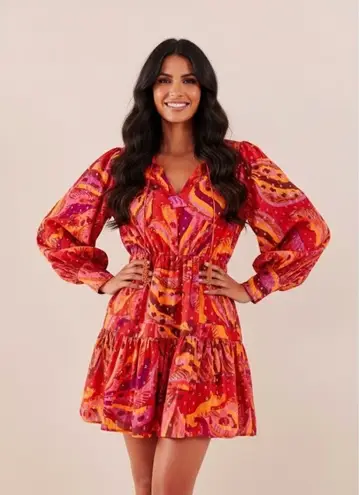 Farm Rio NWT Banana Juice Mini in Red Orange Puff Sleeve Cotton Dress S $195
