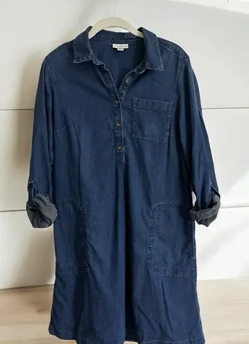 J.Jill Denim Tencel Shirt Dress Dark Wash Convertible Tab Sleeves Pockets Small Blue