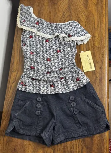 Rewind Size XS One Shoulder Romper Lace Trim Ruched Waist Denim Shorts