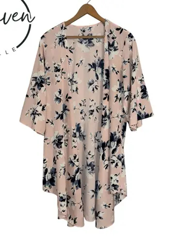 Pink Blush Floral Print Kimono Open Front Pink Blue Medium Bohemian Size undefined