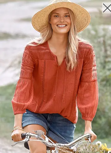 Garnet Hill Rust Orange Lace Shoulder Poet Blouse Size 2 Boho Bohemian Peasant