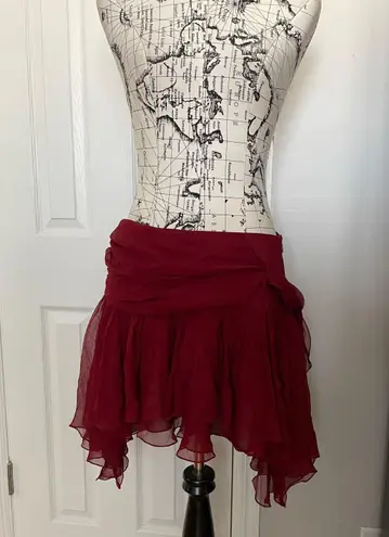 Bebe vintage y2k silk Asymmetrical Ruffle Cheerleader Layer High Low Maroon Chiffon tie belt Women's mini Skirt Size M