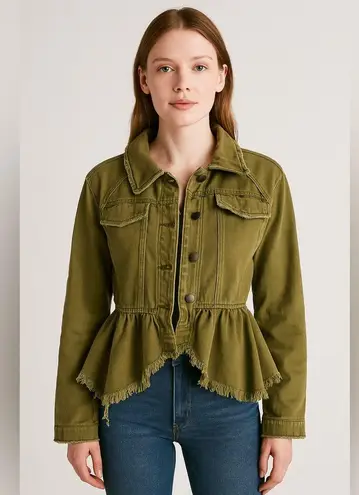 Free People  Olive Green Frayed Hem Denim Jacket XS | Utility Boho Casual Layer - Image 2