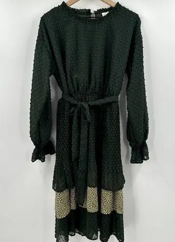 Bohme Evergreen Swiss Dot Long Sleeve Tie Waist Midi Dress Size Large