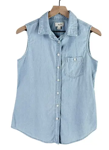 Per Se Button Up Sleeveless Chambray Shirt 100% Cotton, Size Small