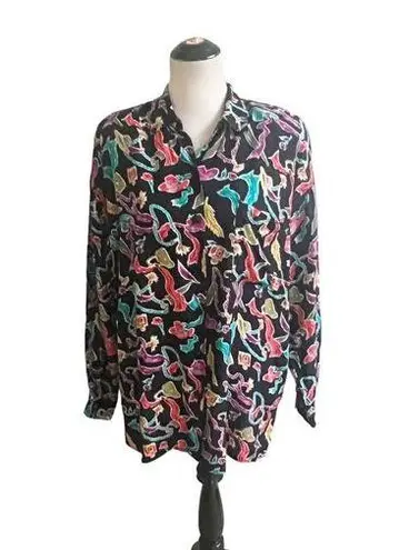 Diane Von Furstenburg Vintage Novelty Hats Feather Button Down Shirt XL Artsy Black