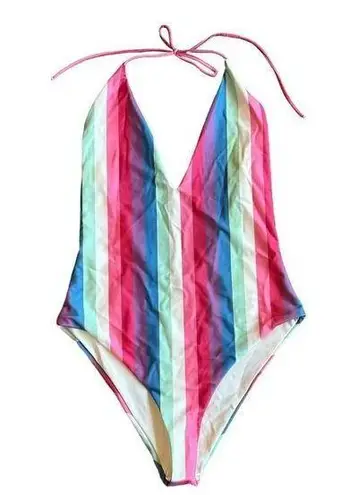 Privacy Please One Piece Halter Top Swimsuit Bold Stripe Size Medium Women's