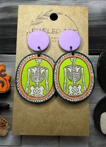 JEWELED ART Spooky Skeleton Oval Earrings Hand Painted Wood Halloween Green