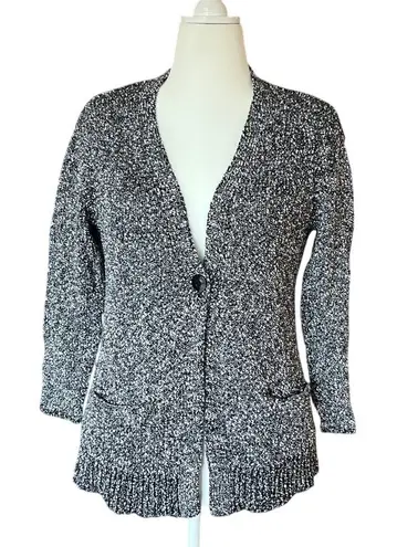 J.Jill Black/White Single Button Cardigan Size MP Petite Minimalist Normcore Black