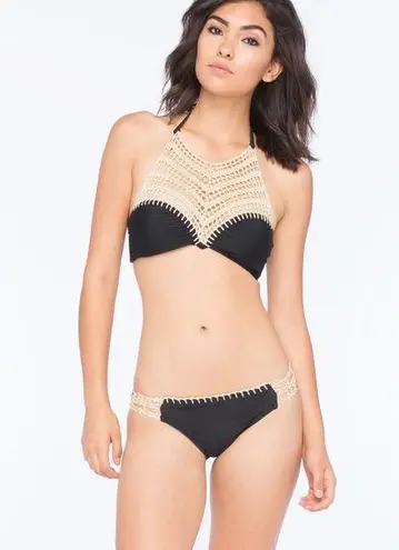 The Bikini Lab Crochet High Neck Bikini Set Top Bottoms Swim Black Hipster Halter