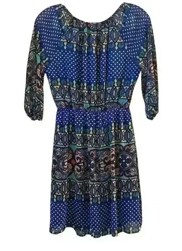 Pink Owl Women's M Blue Floral Geometric Print A-Line Dress 3/4 Sleeve