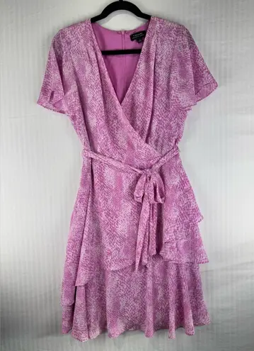Tahari Arthur Levine Pink Snakeskin Print Ruffle Wrap V-Neck Mini Dress Size 10