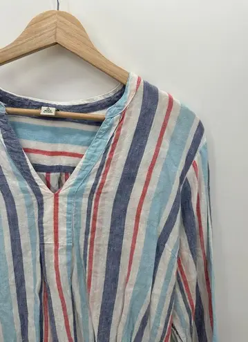 L.L.Bean  Striped Linen Tunic Shirt Long Sleeve V-Neck Coastal Vaca Beach Swim