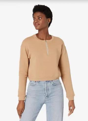 MONROW Tan Cropped Crewneck Sweatshirt Pullover Half Zip Boxy Casual Size XL New