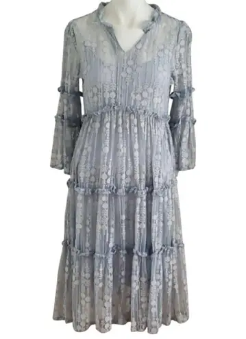 Sundance Ellery Sheer Tiered Ruffle Midi Dress, Dusty Blue, Large