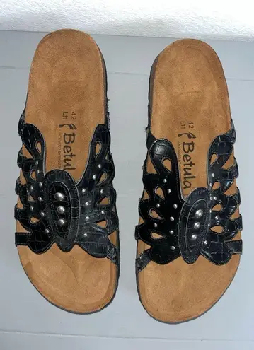 Betula Butterfly Black Crocodile Embossed Skin Look Studded Sandals Tan Size 11