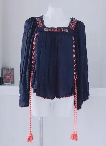 indigo. Rocks & Boho Top Embroidered Tassels Peacoat Navy Size L NEW