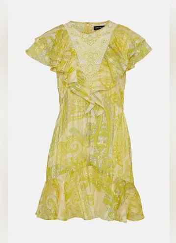 Karen Millen NEW Cutwork Applique Paisley Butter Yellow Ruffle Dress