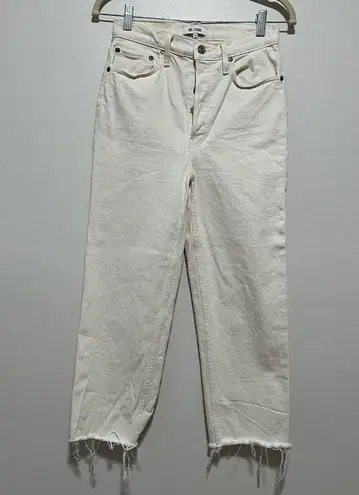 RE/DONE  70s High Rise Stove Pipe Frayed Raw Hem Jeans Size 27 in Vintage White