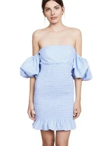 PETERSYN Winona Mini Dress In Azure gingham off shoulder puff sleeves XS Blue