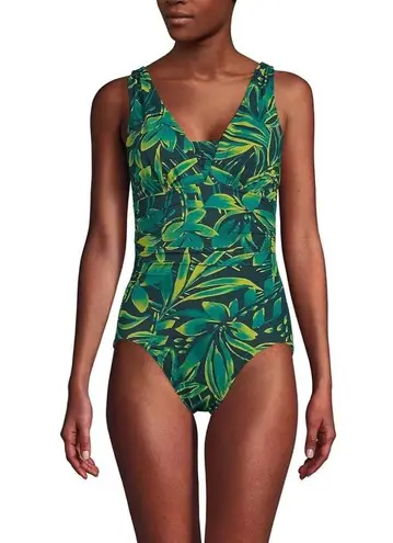 Lands End Plus Size 16 Tummy Ruched One Piece Lined Swimsuit Green Floral Black