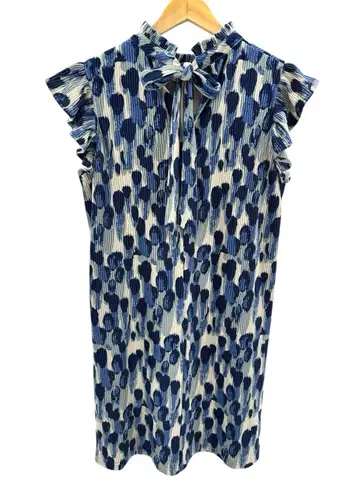 VOY Ruffle Flutter Sleeve Pleated Shift Mini Dress Abstract Dot Print Bow Back M Blue Size M