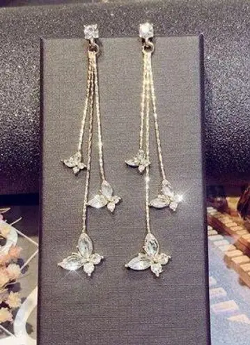 Gold Butterfly Crystal Long Tassel Dangle Drop Earrings for Women