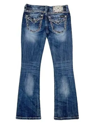 Miss Me  Dark Wash Mid Rise Signature Boot Back Pocket Decorative Bling Jeans 28