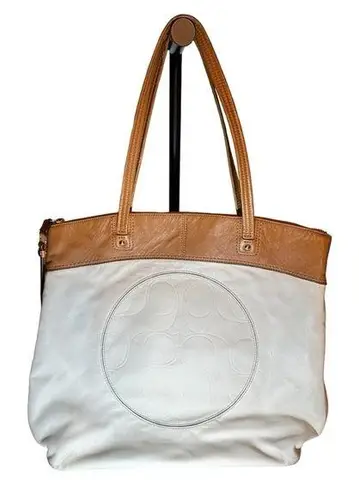 Coach  Laura Large Leather Shoulder Tote Bag Embossed Signature White/tan Vintage