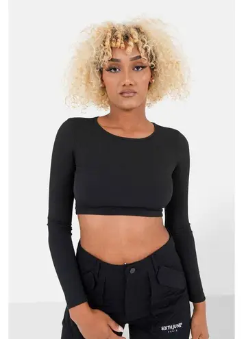 Boutique SIXTH JUNE Long Sleeve Open Back Ribbed Crop Top Women’s Size S Black NWT